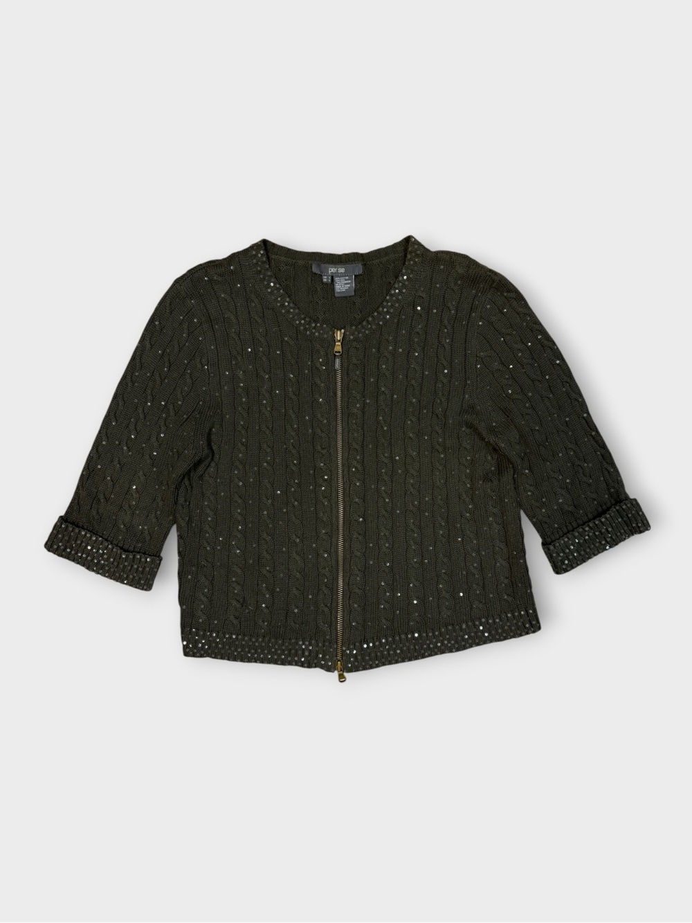 Per Se Sequin Silk blend Cable Knit Cropped Zip Cardigan